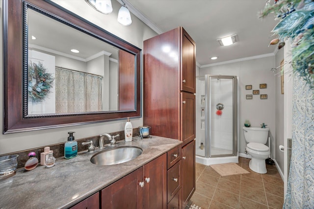 bathroom with toilet, a shower stall, crown molding, and tile patterned floors