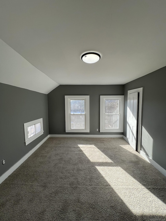 additional living space with lofted ceiling, baseboards, and carpet floors