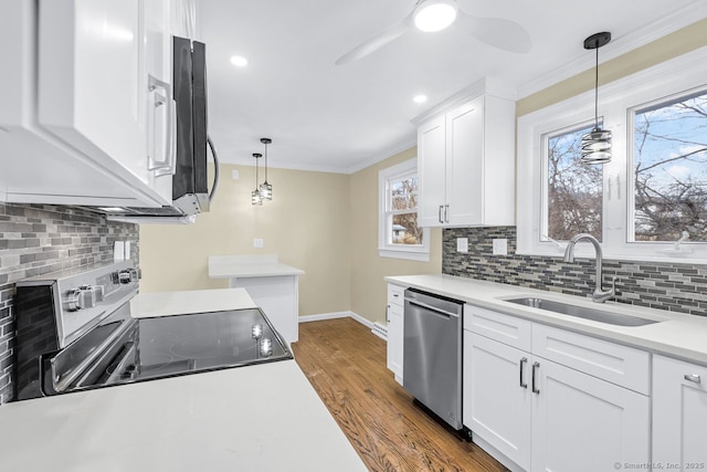 kitchen with wood finished floors, a sink, appliances with stainless steel finishes, decorative light fixtures, and crown molding