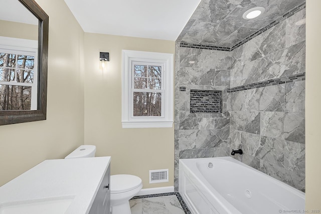 full bathroom with a wealth of natural light, marble finish floor, visible vents, and baseboards