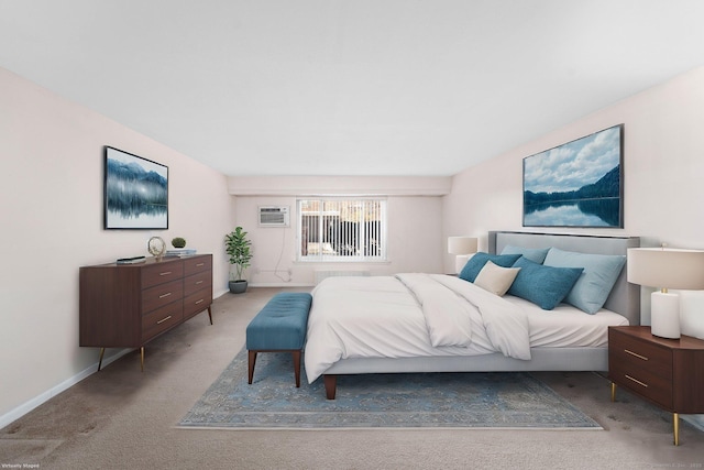 carpeted bedroom featuring baseboards and an AC wall unit