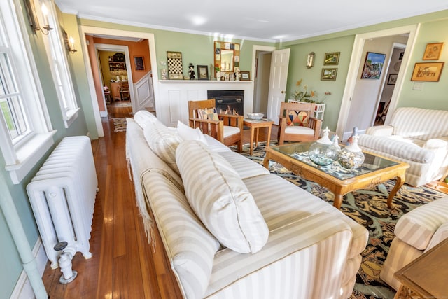 living area with a warm lit fireplace, radiator heating unit, hardwood / wood-style flooring, and crown molding