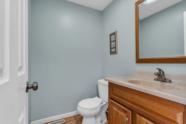 half bath featuring baseboards, visible vents, toilet, tile patterned floors, and vanity