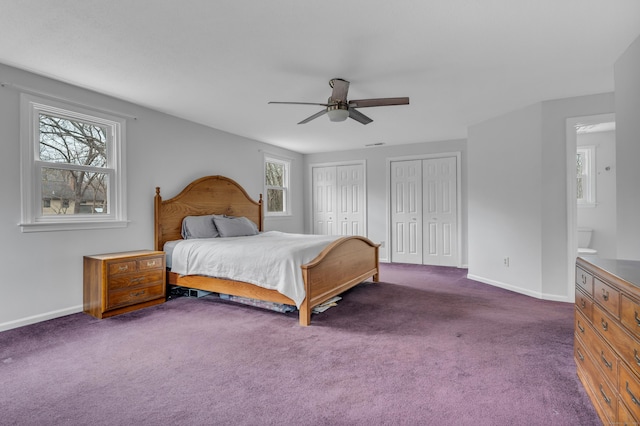 bedroom featuring carpet floors, multiple windows, and two closets