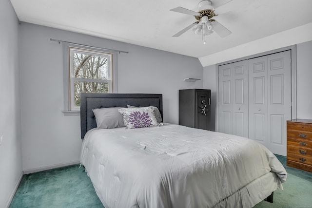 carpeted bedroom with ceiling fan, a closet, and baseboards