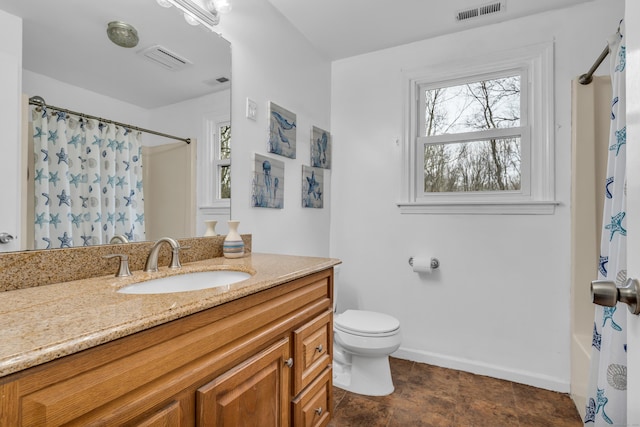 full bathroom with baseboards, visible vents, vanity, and toilet