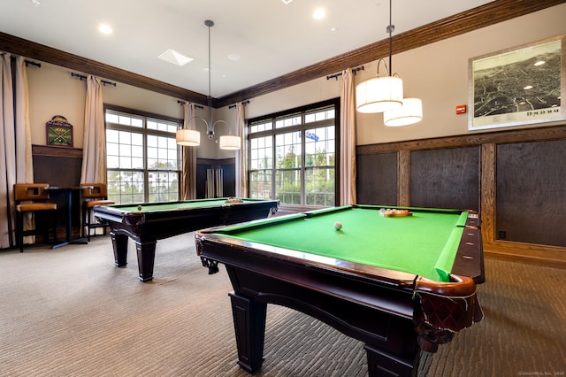 game room with pool table, crown molding, carpet flooring, and a wainscoted wall