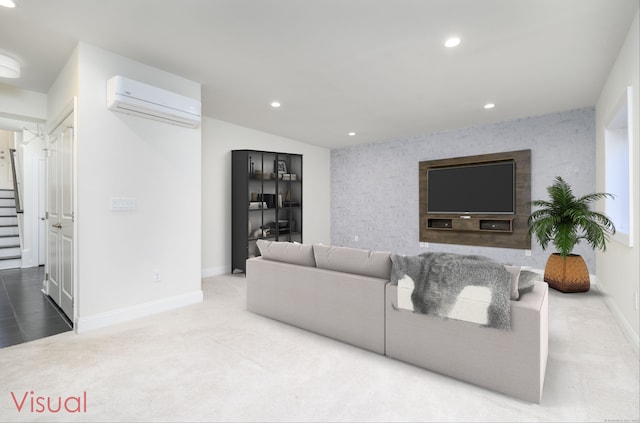 living room featuring an accent wall, stairs, recessed lighting, and a wall mounted AC