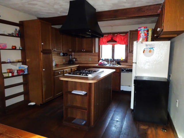 kitchen featuring extractor fan, white appliances, dark wood-style flooring, light countertops, and open shelves