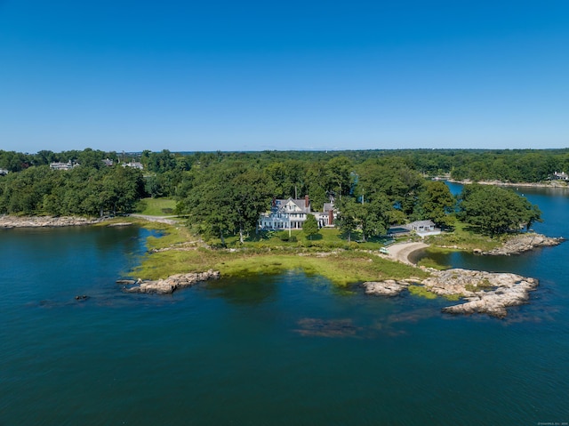 aerial view featuring a view of trees and a water view