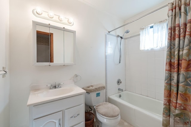 full bathroom with toilet, shower / bath combo, and vanity