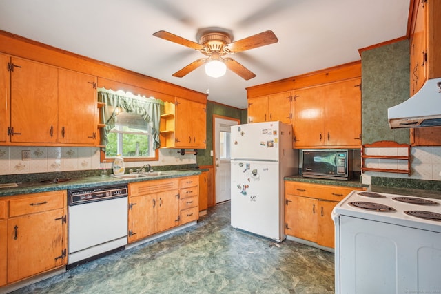 kitchen featuring a sink, open shelves, dark floors, white appliances, and decorative backsplash