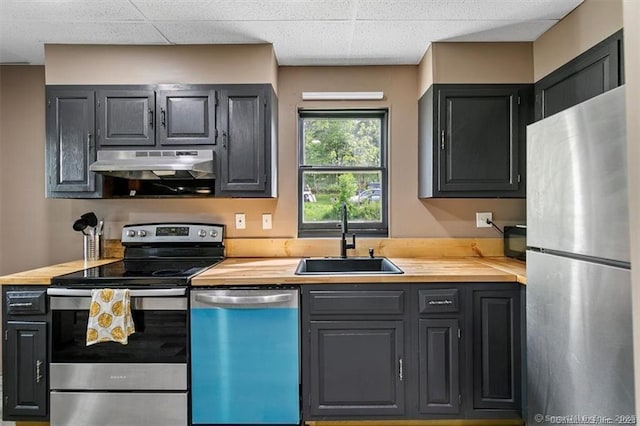 kitchen with under cabinet range hood, butcher block counters, stainless steel appliances, and a sink