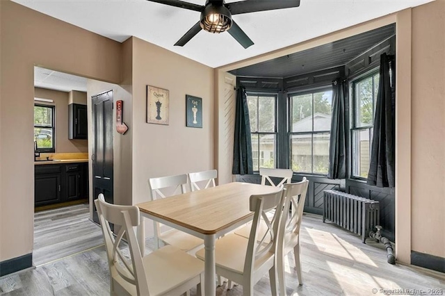 dining area with light wood finished floors, radiator heating unit, plenty of natural light, and baseboards