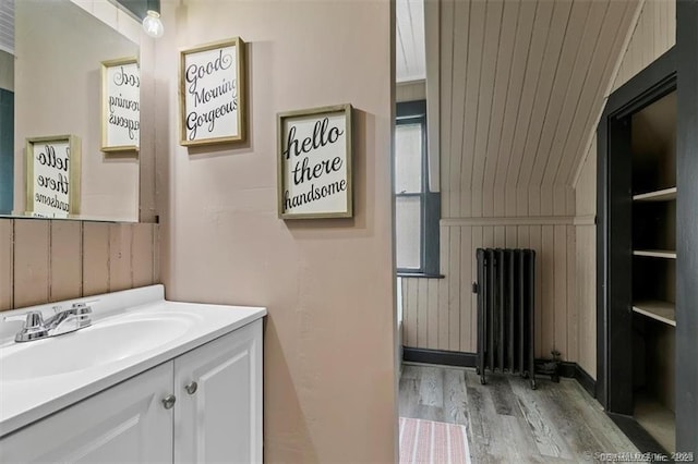 bathroom with radiator, wooden walls, vanity, and wood finished floors