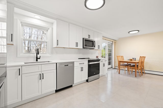 kitchen featuring decorative backsplash, white cabinets, appliances with stainless steel finishes, and a sink