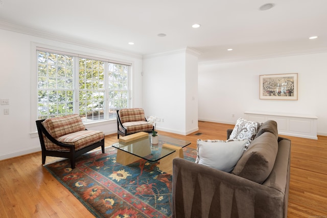 living room featuring crown molding, baseboards, and light wood finished floors