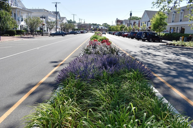 view of road with a residential view and street lighting