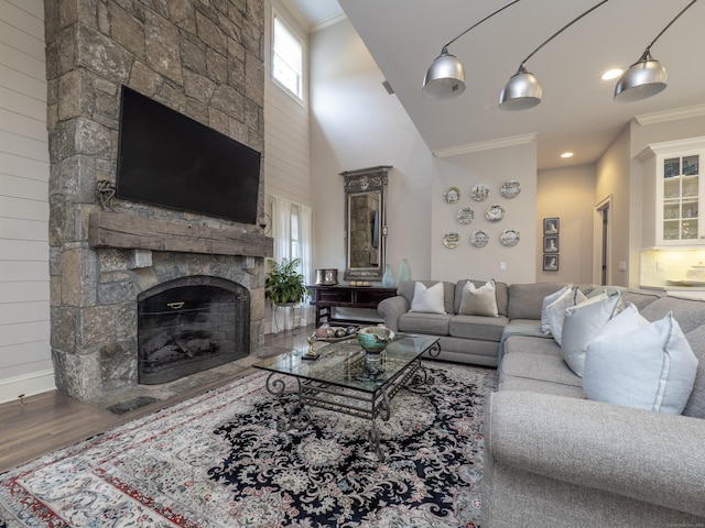 living area with a towering ceiling, ornamental molding, a stone fireplace, wood finished floors, and baseboards