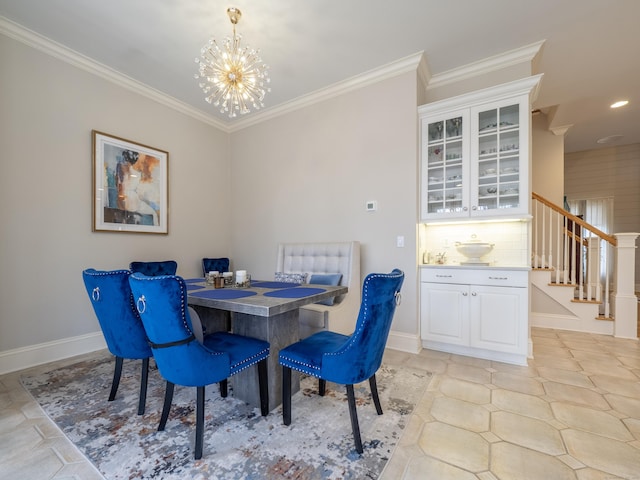 dining space featuring a notable chandelier, stairs, baseboards, and crown molding