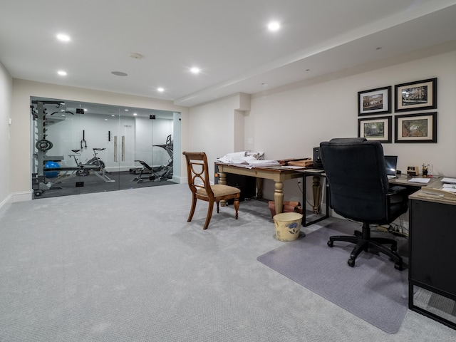 carpeted home office featuring baseboards and recessed lighting