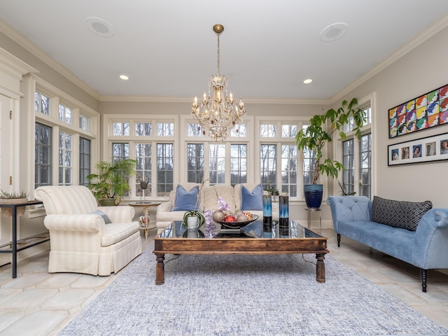 living room featuring a chandelier, recessed lighting, and crown molding