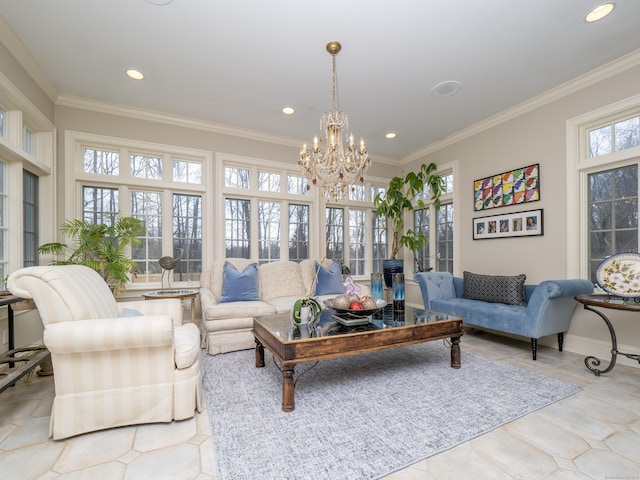 living room with ornamental molding, recessed lighting, a notable chandelier, and plenty of natural light