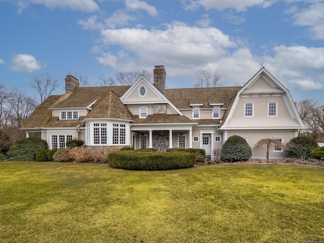 view of front of house featuring a front yard, a chimney, and a gambrel roof