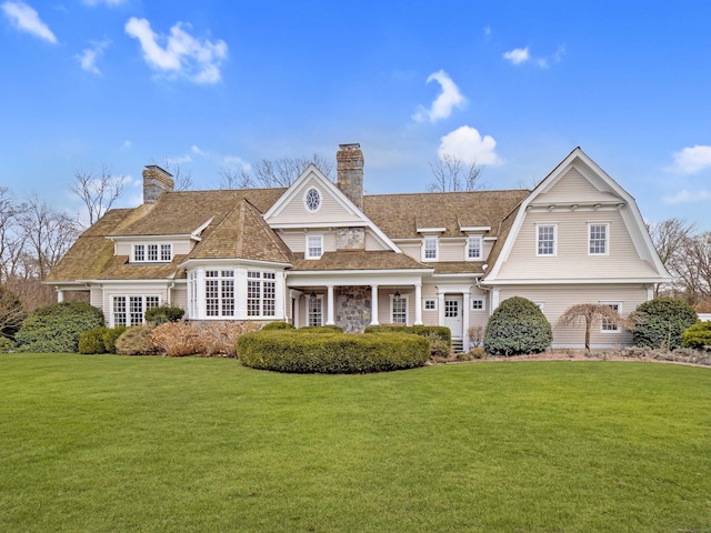 shingle-style home with a gambrel roof, a front yard, a chimney, and a shingled roof