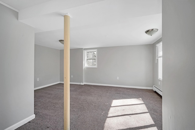 spare room with carpet floors, baseboards, and a baseboard radiator