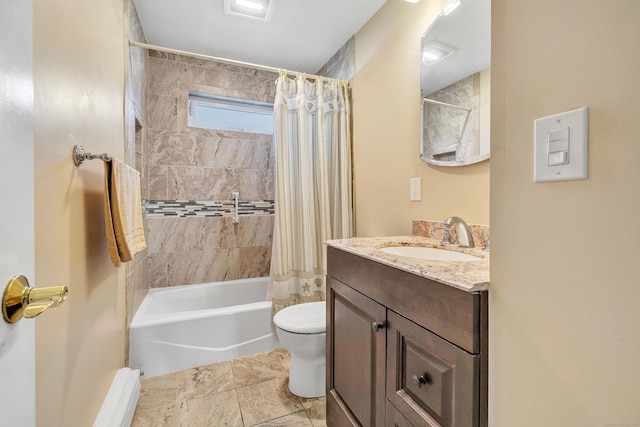 full bath featuring shower / tub combo, vanity, and toilet