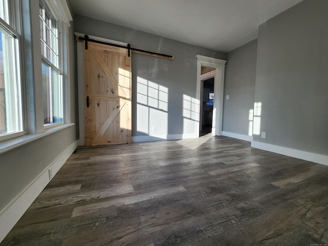 spare room featuring dark wood-style floors, a healthy amount of sunlight, and a barn door