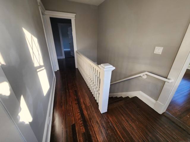 staircase with hardwood / wood-style flooring and baseboards