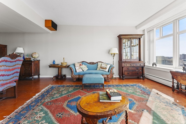 sitting room with a baseboard radiator, wood finished floors, and baseboards