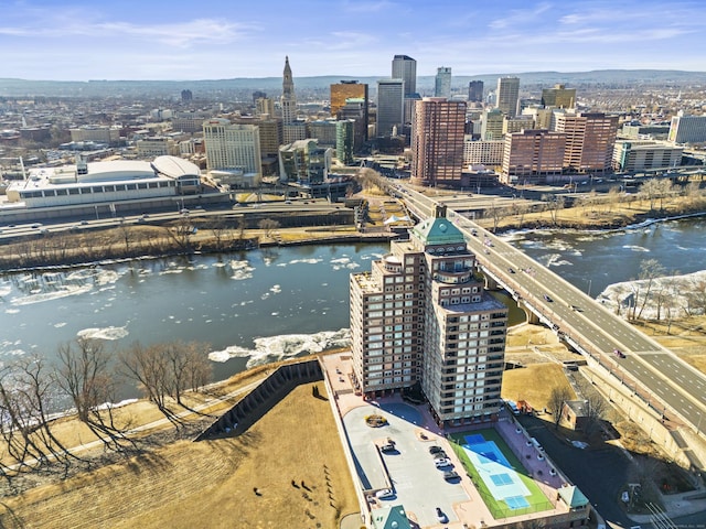 bird's eye view with a water view and a city view