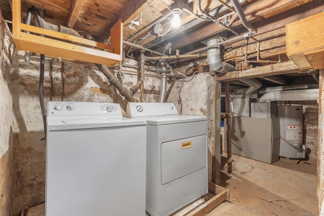 laundry room with laundry area, water heater, and washer and clothes dryer