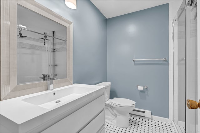 full bath featuring toilet, a stall shower, a baseboard radiator, and baseboards