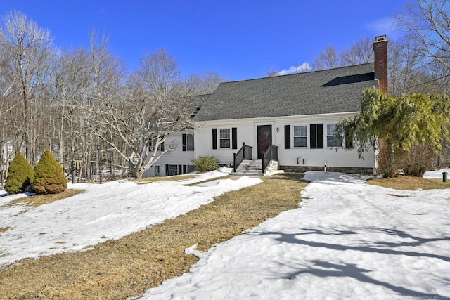 view of front of property featuring a shingled roof and a chimney