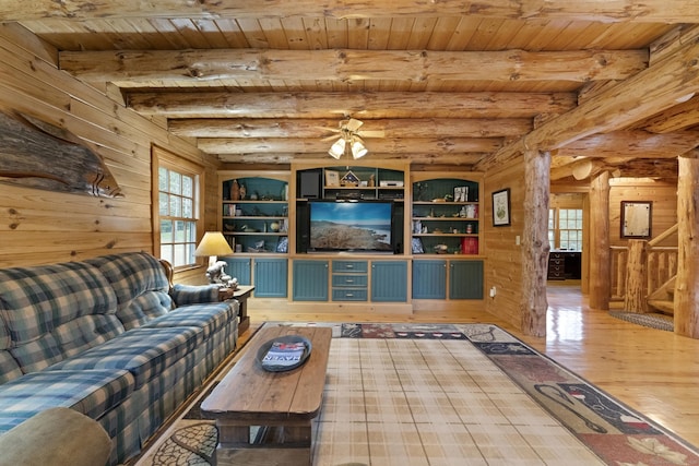 unfurnished living room featuring wooden ceiling, beamed ceiling, wooden walls, and wood finished floors