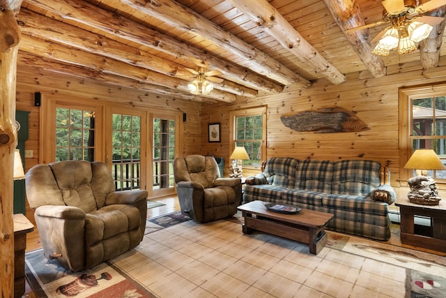 living area featuring wooden ceiling, wooden walls, wood finished floors, a ceiling fan, and beamed ceiling