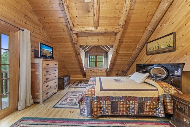 bedroom with lofted ceiling with beams, wood ceiling, wooden walls, and wood-type flooring