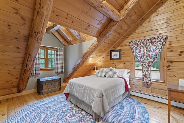 bedroom with wood ceiling, wood-type flooring, vaulted ceiling with beams, and baseboard heating