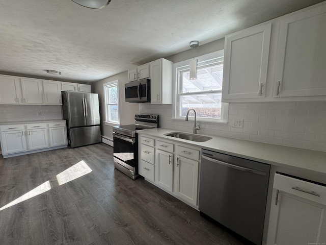 kitchen featuring a sink, white cabinets, dark wood finished floors, and stainless steel appliances