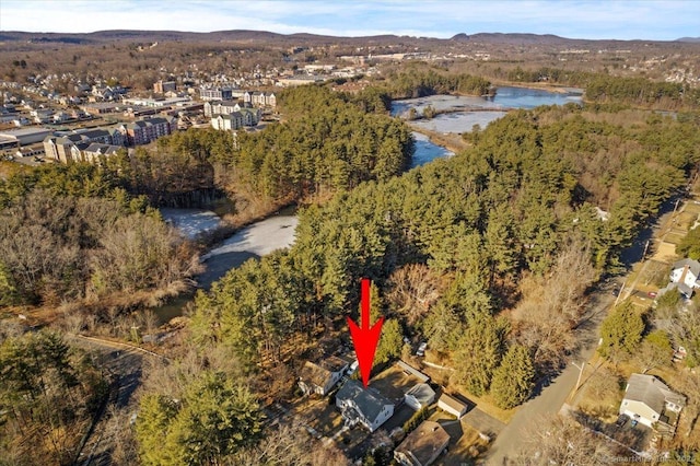 birds eye view of property featuring a water and mountain view and a view of trees