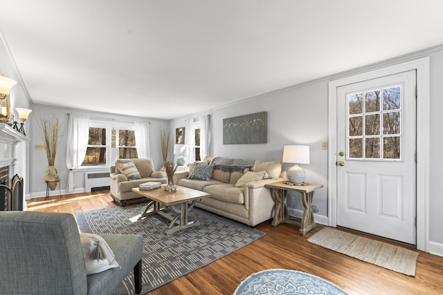 living room featuring a fireplace, radiator heating unit, baseboards, and wood finished floors