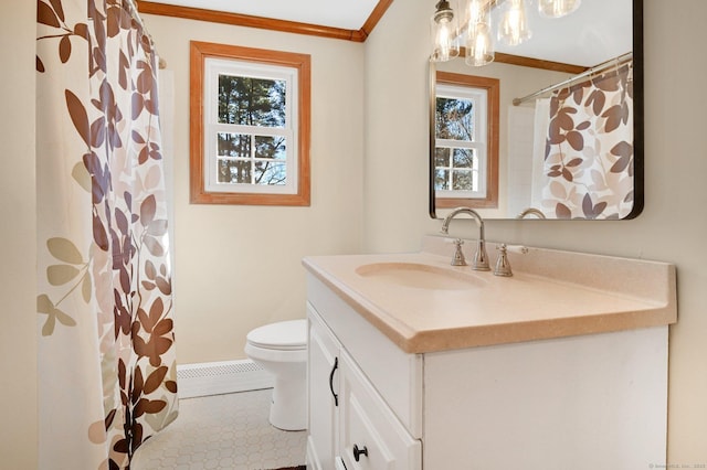 full bathroom with plenty of natural light, vanity, toilet, and crown molding