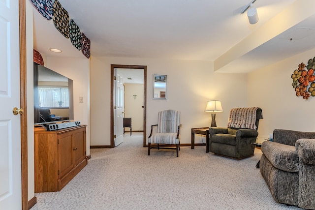 living area with light colored carpet, rail lighting, and baseboards