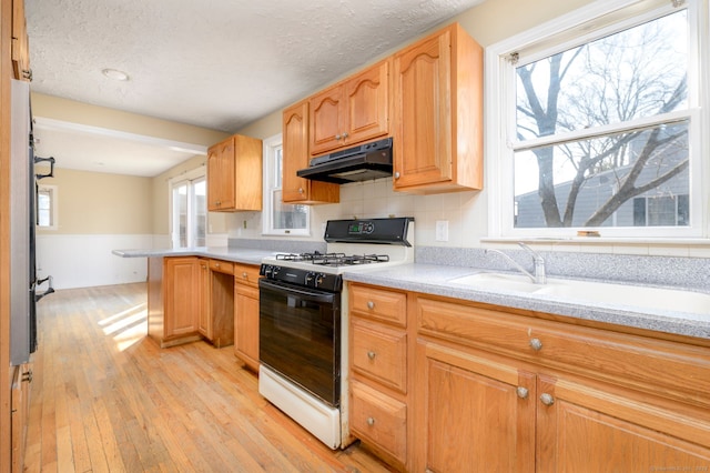 kitchen featuring range with gas cooktop, a sink, a peninsula, light wood-type flooring, and under cabinet range hood