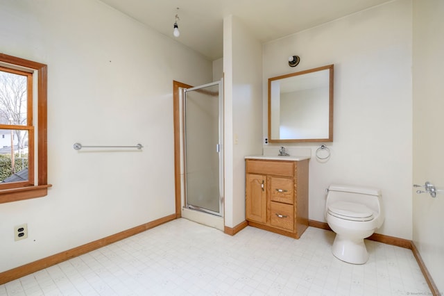 full bathroom with toilet, a stall shower, vanity, and tile patterned floors