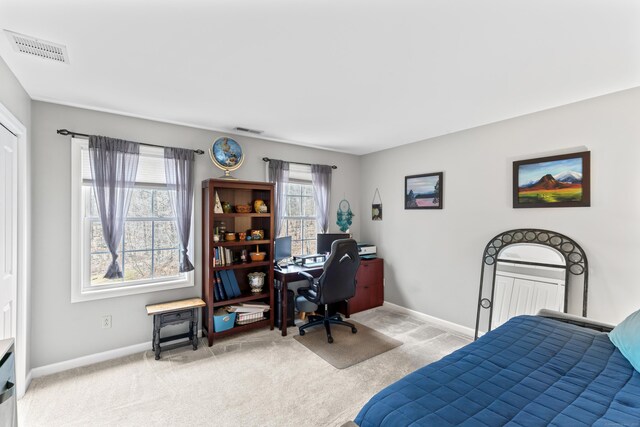 bedroom with carpet flooring, baseboards, and visible vents